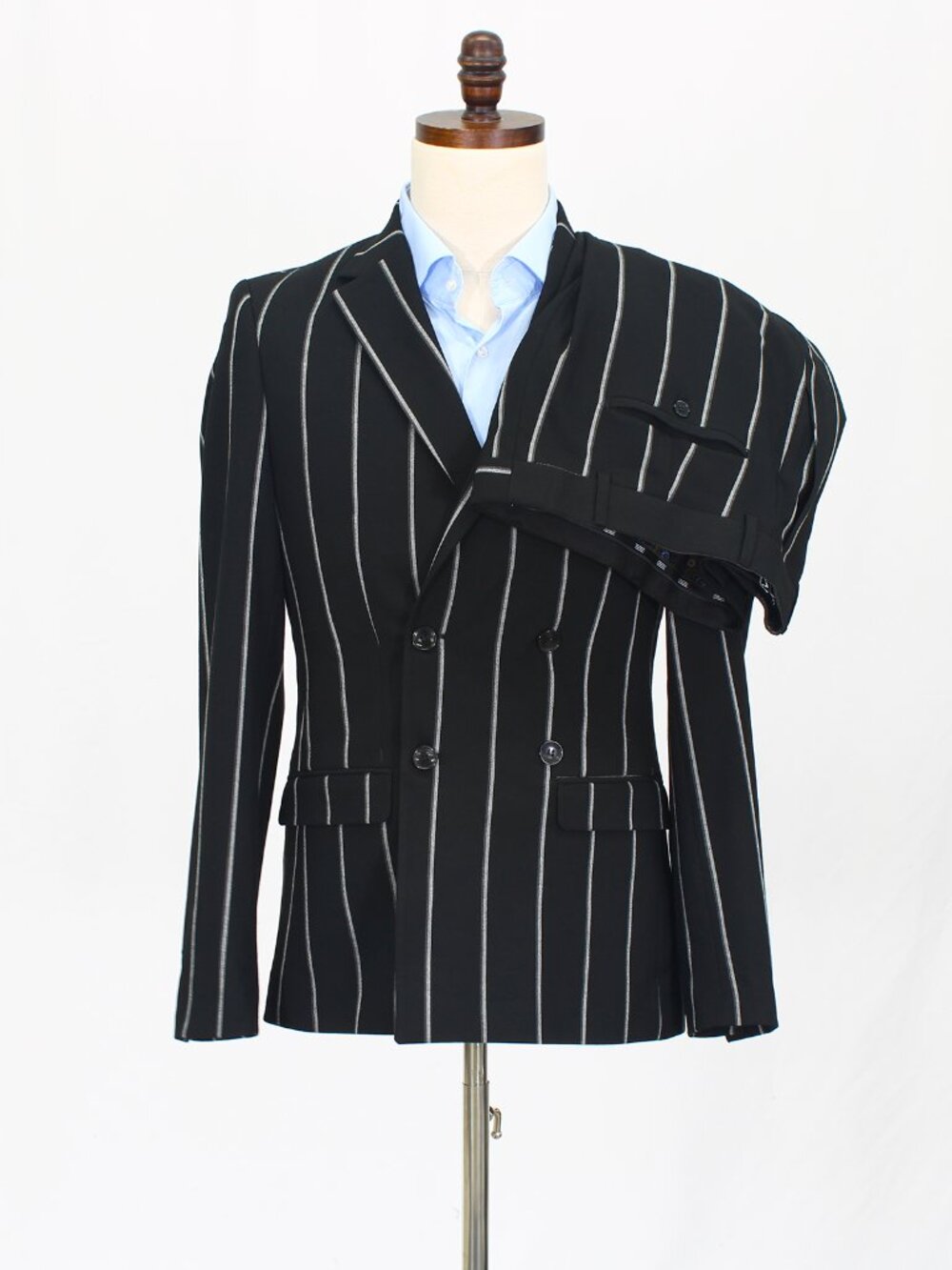 BooHoo Man 38R 32x31 Black Full Suit Double-Breasted Stripe R856